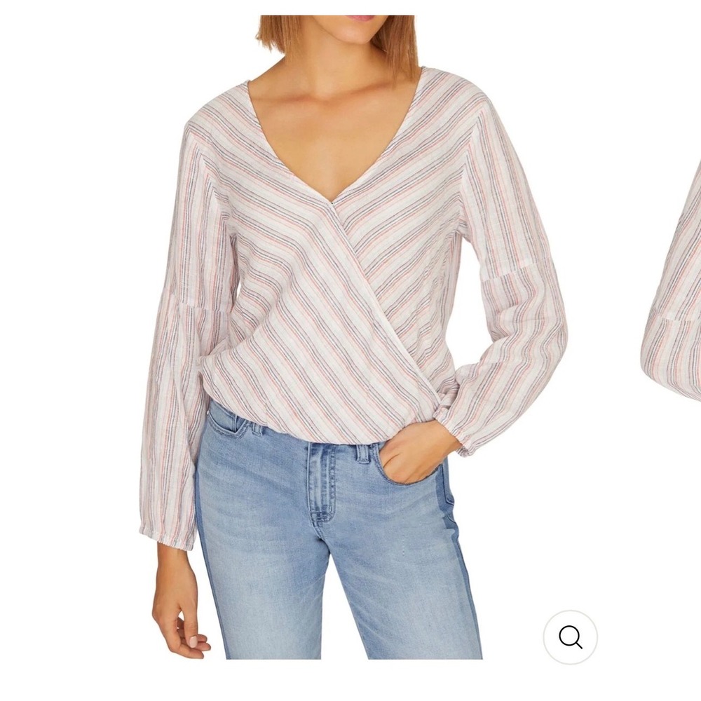 nautical  Linen Blend Striped Surplice Wrap Top Long Lantern Sleeve Blouse